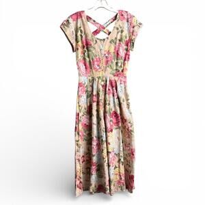 Vintage Floral Midi Dress with Crisscross Back and Button Front